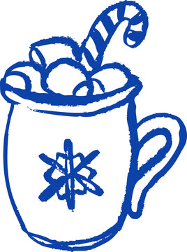 Hot chocolate mug topped with marshmallows, candy cane, snowflake symbol. Cozy Christmas crayon doodle. Cafe menu, holiday card, poster, sticker, packaging. Hand drawn blue vector illustration