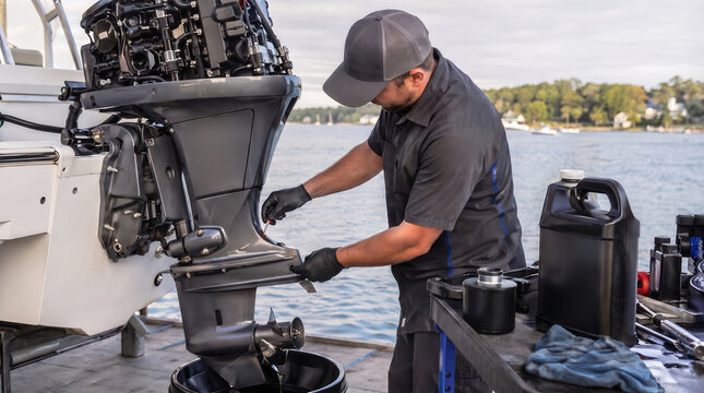 Man in cap and gloves servicing a boat engine on the water, draining oil into a bucket. Marine maintenance, boat repair, engine service, waterside work, change oil