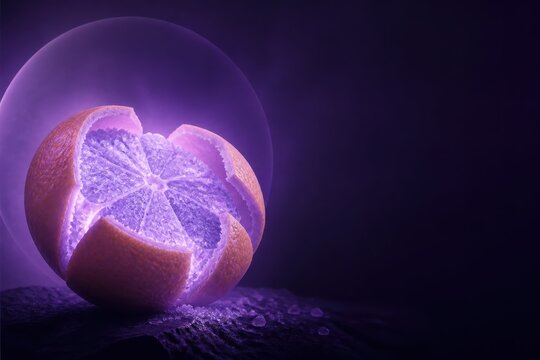 Glowing Citrus Orange Slice with Neon Purple Light and Copy Space