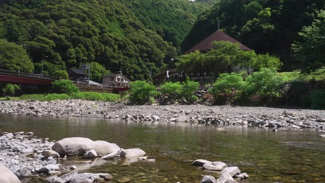 Riverside View of Kumano Kodo Kan (World Heritage Visitor Center) by the Tonda River, Takijiri-oji, Wakayama, Japan　熊野古道 中辺路「富田川と熊野古道館」和歌山県田辺市