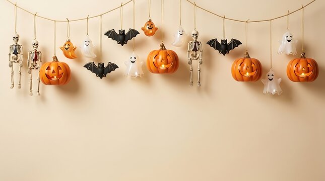 A spooky and delightful halloween garland backdrop featuring jack o' lanterns bats and whimsical decorations for a festive autumn celebration and photo shoot