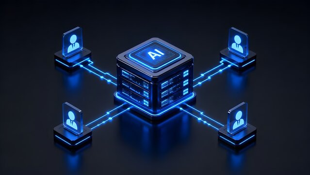 3D render of an AI server hub connecting to four user profiles illustrating data processing and artificial intelligence network.