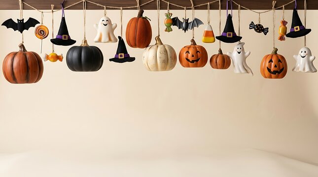 A delightful halloween scene featuring an array of charming pumpkins spooky hats and playful bats suspended from above creating a festive atmosphere for the
