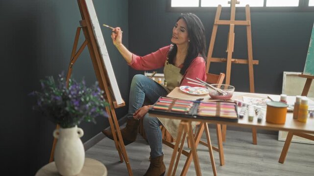 Woman painter in apron holds brush to canvas at studio while seated by easel and palette; creative calm.