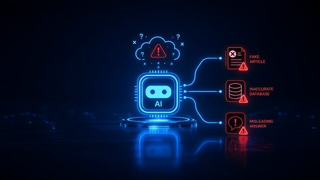 Artificial intelligence microchip triggering cloud alerts for fake articles inaccurate databases and misleading answers illustrating AI hallucination risks