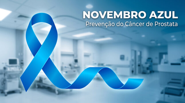 Blue ribbon representing prostate cancer awareness month campaign over blurred modern medical hospital room background setting