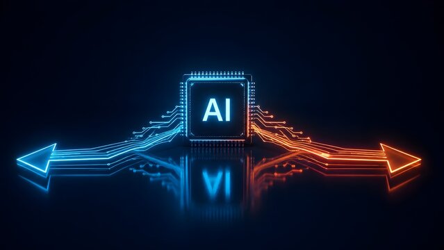 Artificial intelligence microchip conceptualizing data routing and decision making with diverging neon blue and orange data arrows in a futuristic digital environment