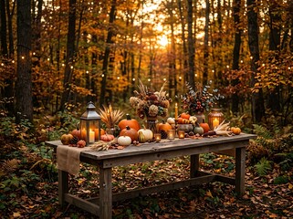 Obraz premium Pumpkins and gourds arranged on rustic bench in.