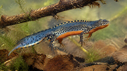 Fototapeta premium Alpine Newt (Ichthyosaura alpestris) in Its Natural European Alpine Habitat