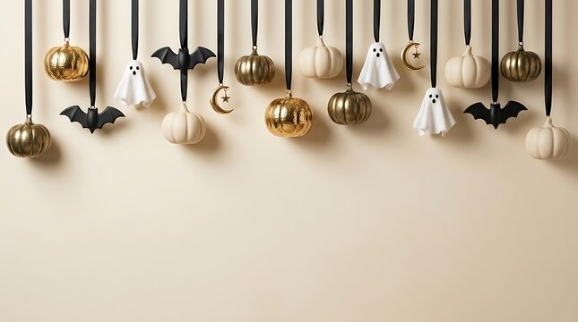 A beautifully lit and subtly spooky halloween background featuring golden orbs suspended from the ceiling creating an elegant and festive atmosphere for october celebrations