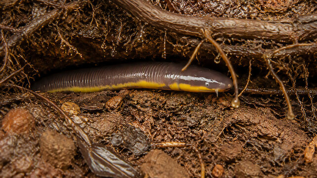 Beddome's Caecilian (Uraeotyphlus oxyurus) in Its Natural Indian Forest Soil Habitat