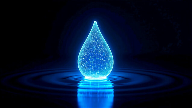 Glowing futuristic 3D blue water drop made of digital particles. Concept for data leak, pure clean energy, digital transformation, and cyber security on dark reflective background.
