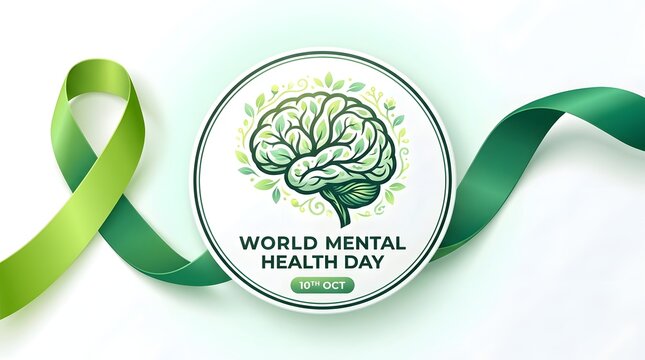World Mental Health Day banner with green ribbons and brain badge 