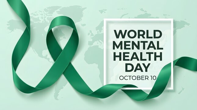 World Mental Health Day banner with green ribbon and world map background on October 10