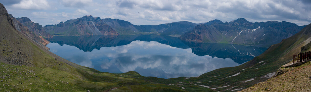 High resolution panorama of Heaven Lake with mountain reflection from West Slope at Mount Paektu