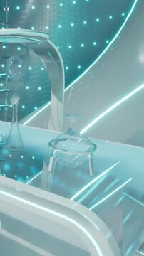 A laboratory setup shows clear glass tools placed on a bright surface. The background features glowing patterns. The setting appears futuristic and clean.