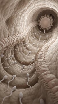 Biological genesis sequence: human reproduction, internal view, sperm navigate, fertilize process, early embryo, female system, ovum encounter, zygote form, microscopic scene, cellular begin.