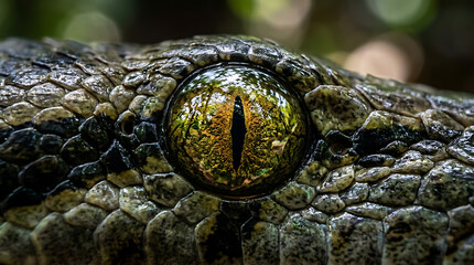 Fototapeta premium Intense Serpent Eye Reflecting Lush Forest Environment in Macro Detail