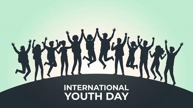 International Youth Day silhouette banner, diverse group of happy young people jumping, global youth empowerment concept