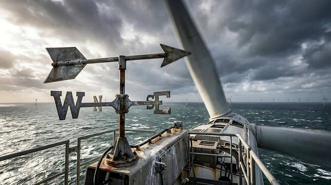Weather Vane on Wind Turbine Amidst Stormy Ocean Sky