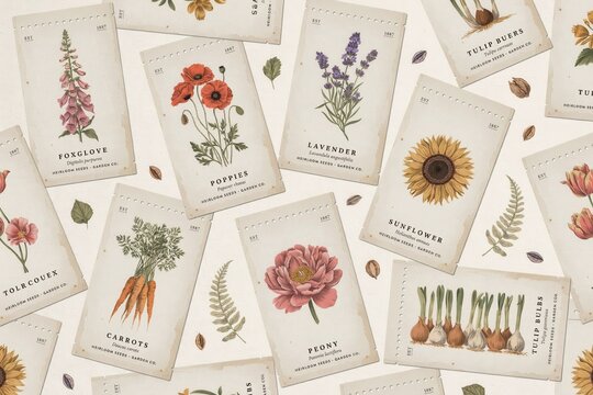 Vintage botanical seed packets featuring of lavender, poppies, sunflowers, carrots, and peonies arranged on a light paper background