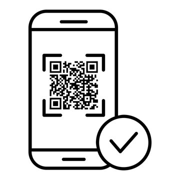 Smartphone QR code scanning check mark outline icon vector illustration for mobile payment success, QR code reader, digital verification, and cashless transaction symbol