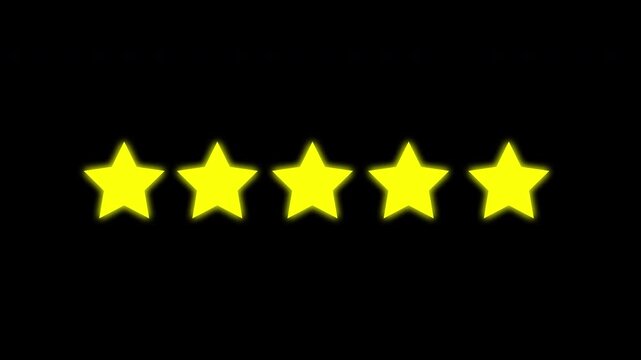 five star rating review animation. Customer feedback concept with glowing style animation on transparent background, 4k video