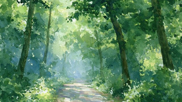 新緑に包まれた森林の小径 水彩風イラスト 癒しの自然背景