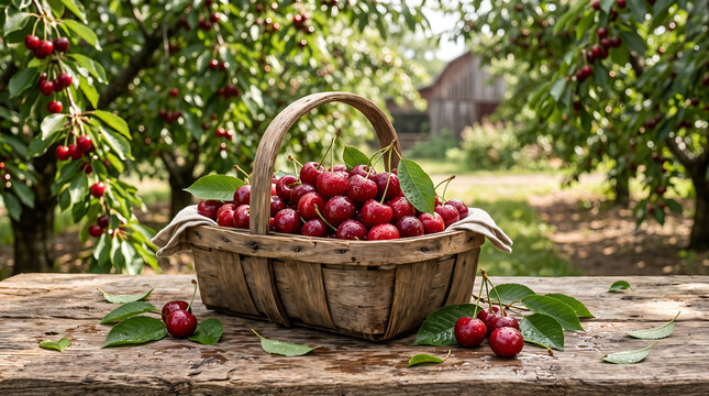 Freshly picked cherries inside a rustic wooden basket with scattered leaves and tiny water droplets, natural farm setting, food photography