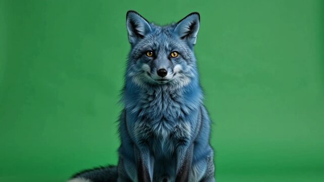 Blue Wolf Sitting Against Green Background Wildlife Animal Portrait 4k