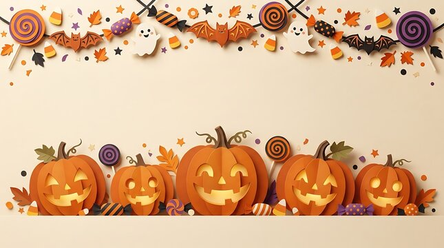 A festive and spooky halloween background featuring carved pumpkins colorful autumn leaves and delightful decorations perfect for seasonal celebrations and eerie designs