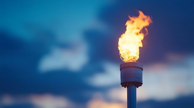 Flaming torch with bright yellow and orange fire against twilight sky, suitable for event lighting, outdoor ceremonies, and dramatic atmospheric backgrounds.