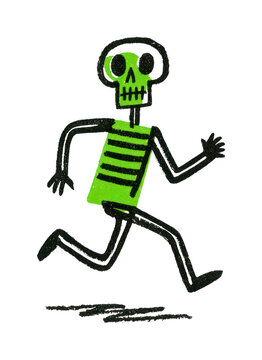 PNG Playful skeleton running with vibrant green accents.