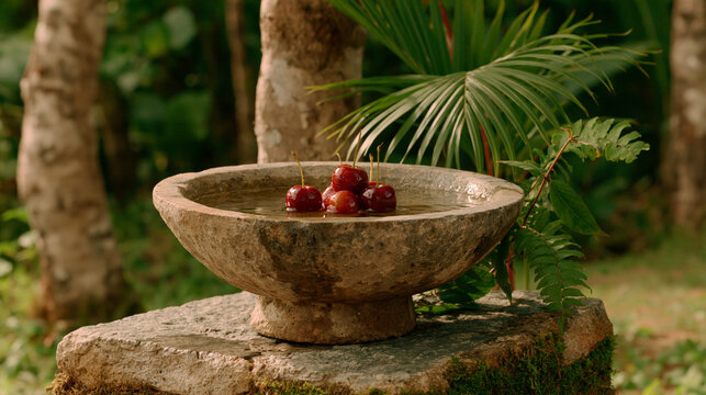 Small red cherries placed in a handmade stone bowl in a lush garden environment