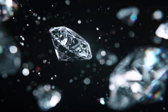 A large sparkling diamond floats amidst falling gemstones against a dark background. Fine jewelry and luxury wealth concept for high-end.