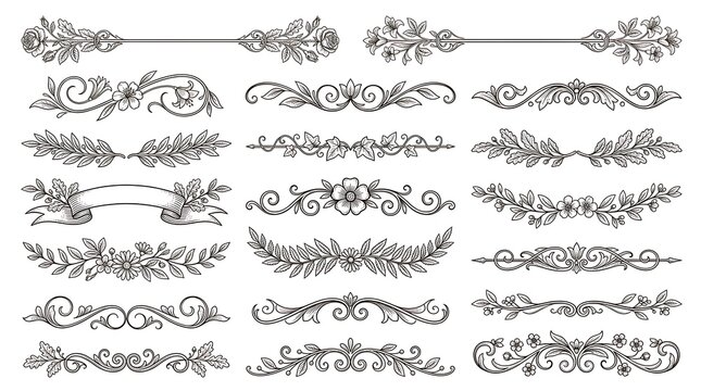 Vintage floral dividers and decorative scroll ornaments for elegant page decoration designs printed on white background