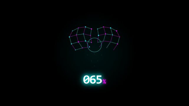 Digital animation of a glowing cyan and magenta wireframe grid forming on a black background as a percentage counter rises from 16% to 93%, simulating a futuristic loading or data process.