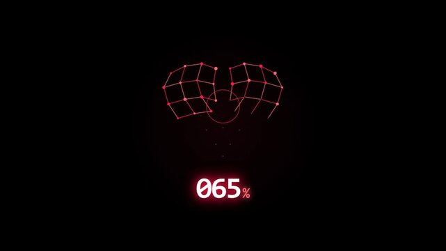 A red glowing wireframe heart gradually forms against a black background, accompanied by a rising percentage counter from 16% to 93%, symbolizing a loading or building process.