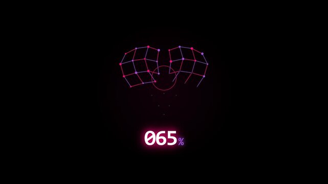A futuristic loading screen features a glowing pink wireframe heart being constructed as a percentage counter increases from 16% to 93% on a dark background.