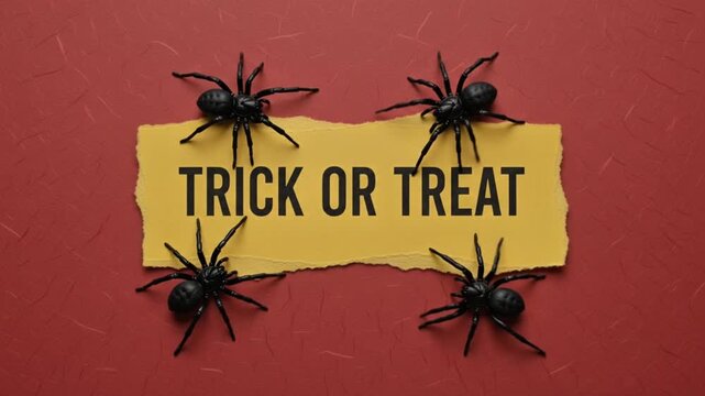 Trick or Treat Halloween Card with Black Spiders, Orange Background 4k