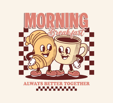 Retro croissant and coffee mascot duo in a vintage cartoon style with cheerful expressions. Perfect for cafe, bakery, sticker, t shirt design, apparel, and print designs  