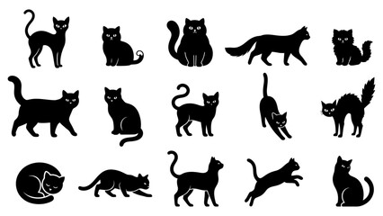Obraz premium Set of black cat silhouettes in various poses including sitting standing walking and jumping isolated on white background