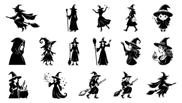 Set of black silhouette witch icons in various poses for halloween design elements and magical character collection
