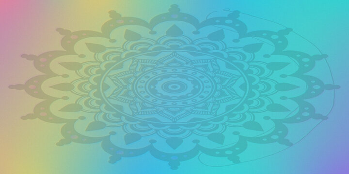 Intricate circular mandala pattern overlay on colorful vibrant gradient mesh background.