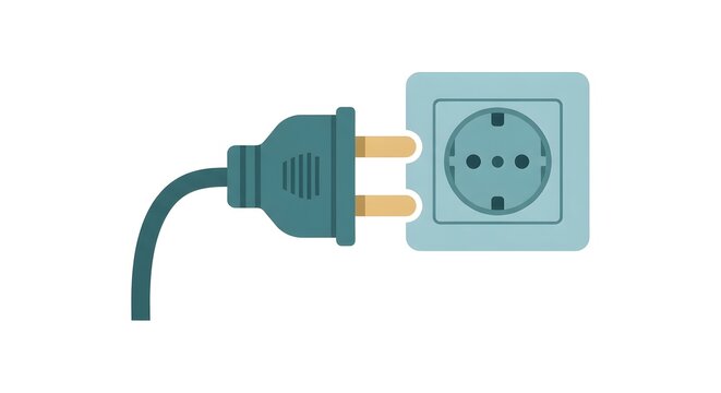 flat vector illustration of electrical plug and socket connection representing power supply energy and technology concept in blue and yellow colors