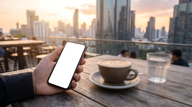 A person holds a smartphone with a blank screen while sitting at an outdoor cafe table with a coffee and water, overlooking a city skyline at sunset.