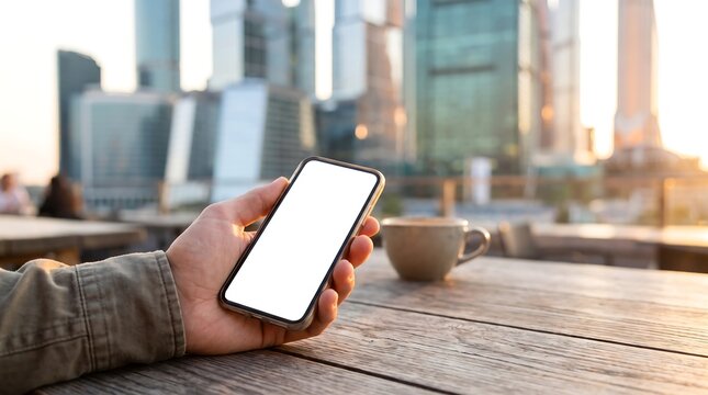 A person holds a smartphone with a blank screen while sitting at an outdoor cafe table with a coffee cup and a city skyline in the background.