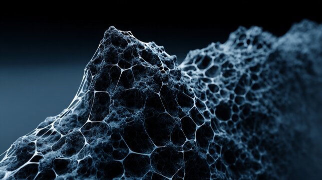 Intricate abstract network of interconnected organic cells and structures in deep blue and white tones