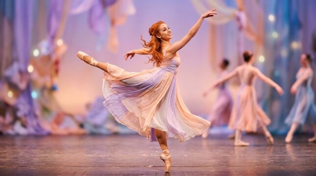 Graceful ballerina with red hair performs a pirouette on stage with other dancers
