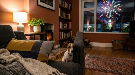 Fototapeta premium Cozy living room with dog watching fireworks through the window at night